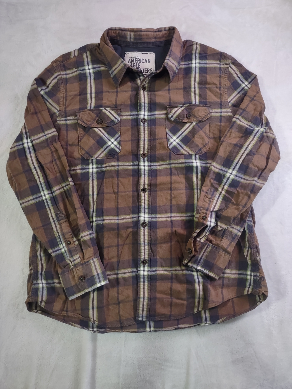 American Eagle Outfitters White Brown and Navy Button-Down Shirt